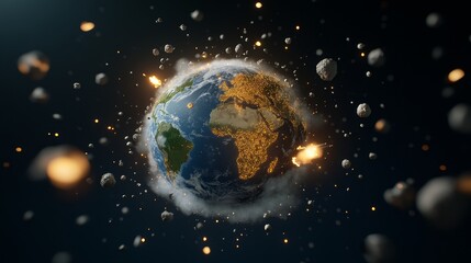 Fototapeta premium A globe representing Earth surrounded by falling meteors, fiery impact points visible on the surface, with ash clouds and craters forming, photorealistic