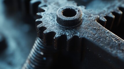 Intricate Gear Mechanism with Tightened Screw, showcasing detailed textures and dynamic lighting in mechanical assembly.