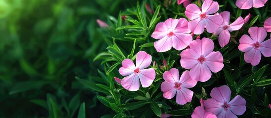 Naklejka premium Close Up Beautiful Fresh Pink Royal Phlox Flower On A Background Of Green Grass Grows In A Home Garden Top View