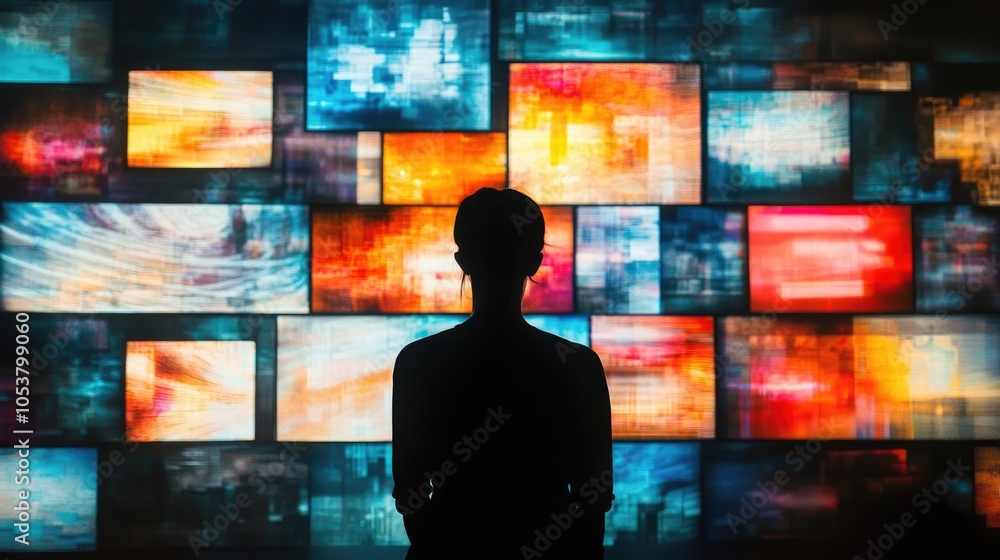 Poster silhouette of an individual in front of a vibrant array of digital screens showcasing diverse abstra