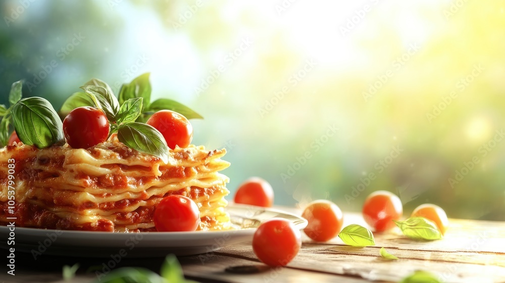 Poster lasagna garnished with tomatoes and basil on a plate with a food themed background and ample copy sp