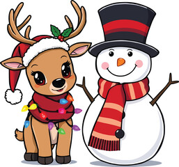 Cute Reindeer And Snowman Flat Character Vector Illustration On Isolated White Background