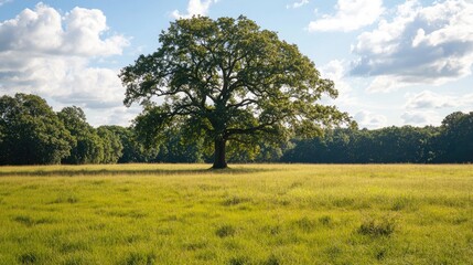 Lone oak tree towering in a sunlit meadow surrounded by green grass under a bright summer sky creating a serene outdoor landscape in a country park