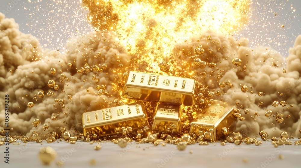 Poster shimmering gold bars explosion - high luminosity 3d render with inflation spark effects in 32k resol