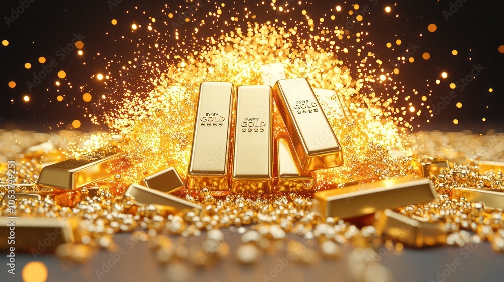 Poster glowing 3d explosion of gold bars with inflation spark effects in high luminosity - 32k c4d render