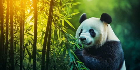 Obraz premium Bamboo Forest Scene with a Friendly Panda Munching on Bamboo