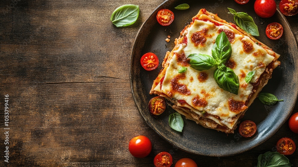 Aufkleber lasagna garnished with tomatoes and basil on a plate with a food themed background and ample copy sp