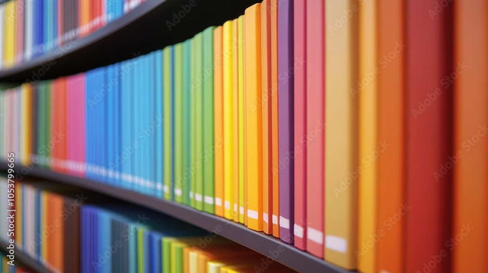 Poster close up of vibrant colorful books neatly arranged on a curved shelf showcasing an organized and app