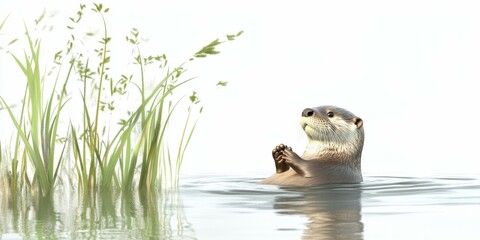 Fototapeta premium Calm Riverside Scene with Reeds and a Playful Otter Floating