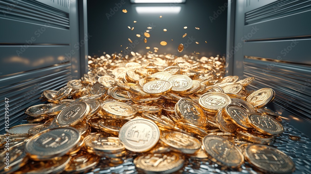 Poster securely locking gold coins amid fluctuating inflation: 3d style with high luminosity in c4d 32k res
