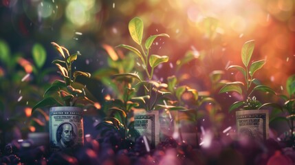Plants On Money In Increase With Flare Light Effects - Money Growth Concept
