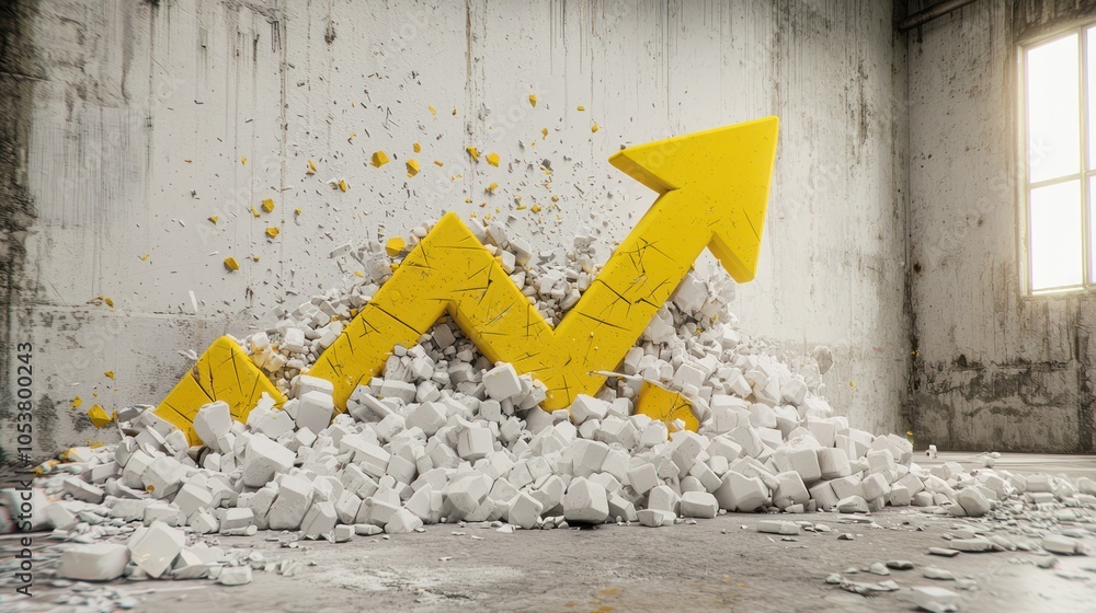 Poster glowing gold arrows breaking through inflation walls in 3d c4d style with high luminosity - concept 