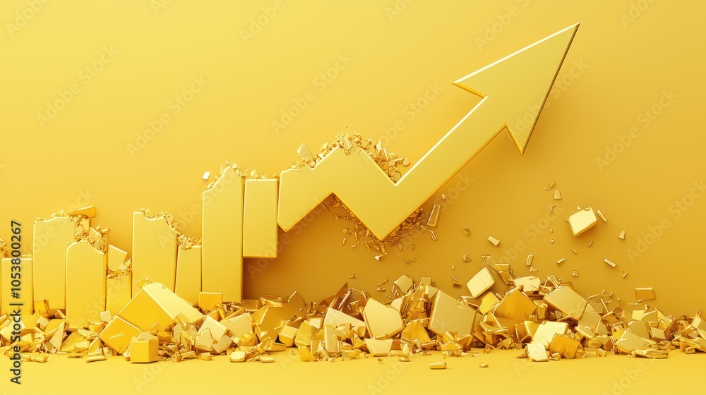 Poster illuminated gold arrows piercing inflation walls in 3d c4d style at high luminosity in 32k resolutio
