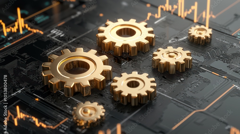 Poster luxurious gold watch gears intertwined with inflation graphs - futuristic 3d render with high lumino