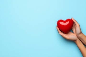 Fototapeta premium A pair of hands gently holding a shiny red heart on a light blue background, symbolizing love and care
