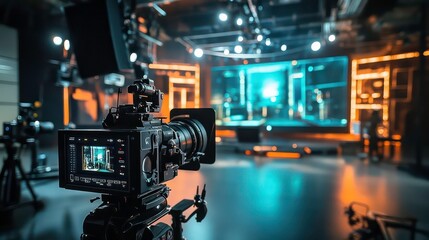 A professional studio setup with a camera and a digital backdrop for filming or broadcasting.