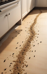 A close-up illustration of an ant trail leading toward crumbs in a kitchen, highlighting a common pest issue.