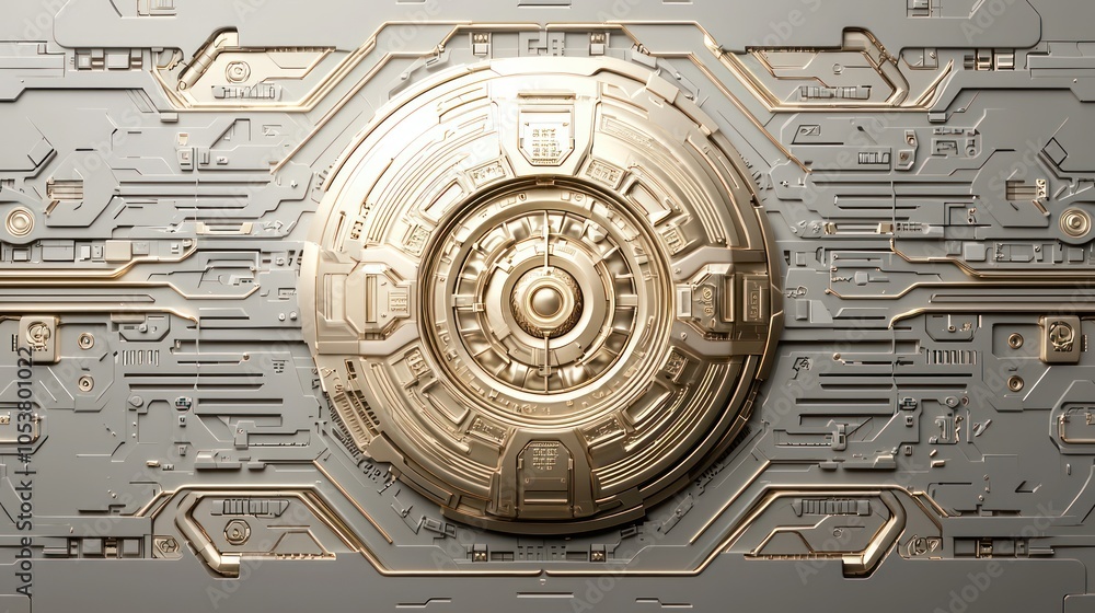Poster glowing futuristic gold vault with advanced digital security system in 3d c4d render - high luminosi