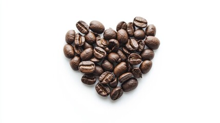 Fototapeta premium Coffee Beans Shaped As Heart Isolated On White Background In Love With Coffee Macro Top View Closeup