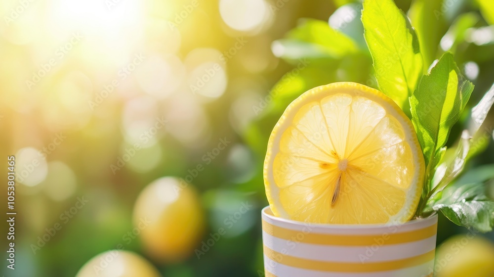 Poster refreshing lemonade in a striped cup illuminated by sunlight with vibrant greenery in the backdrop i