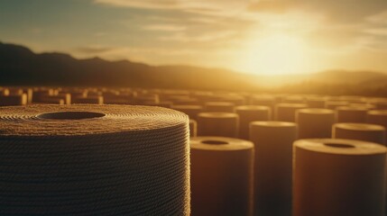 Obraz premium Softly lit rolls of toilet paper arranged artistically on a white background create a calming and visually appealing composition