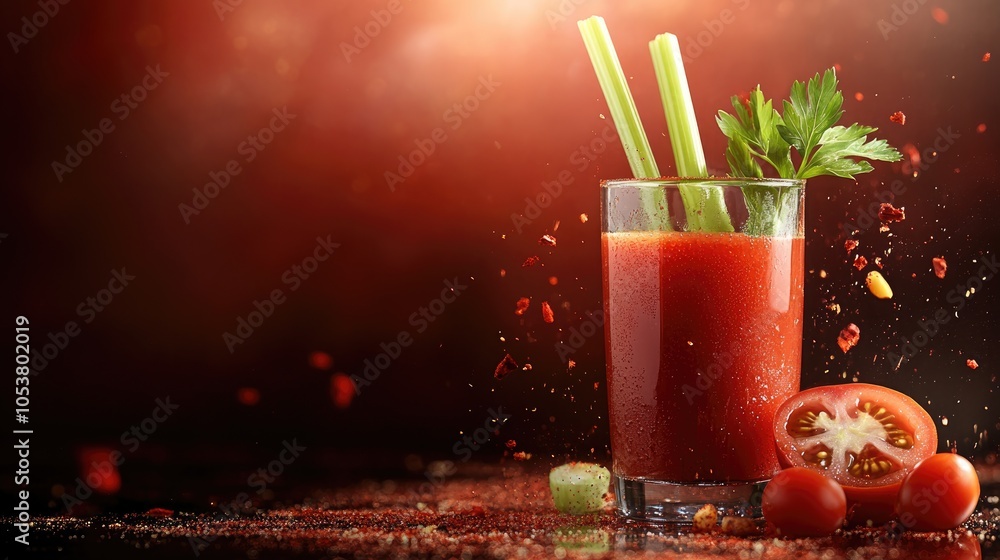 Poster fresh tomato juice with celery and a halved tomato featuring space for additional text