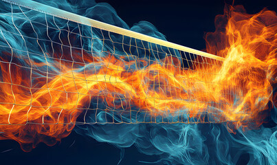 Obraz premium Dynamic Volleyball Action with Neon Lights and Abstract Geometric Patterns for Futuristic Sports Branding