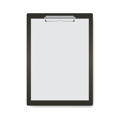 Black clipboard with a blank white sheet of paper. Mockup for design.