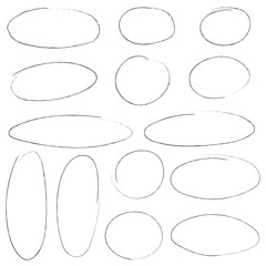 Hand drawn crayon ovals and circles set. Ellipses in pencil doodle style. Round freehand shapes, emphasis highlights
