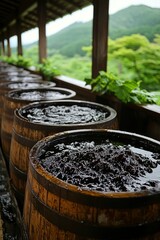 Wooden Barrels Filled with Fermenting Blackberries in a Rural Setting