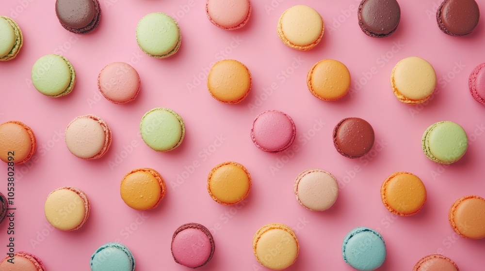 Poster multicolored macaroons arranged on a pink backdrop captured from above