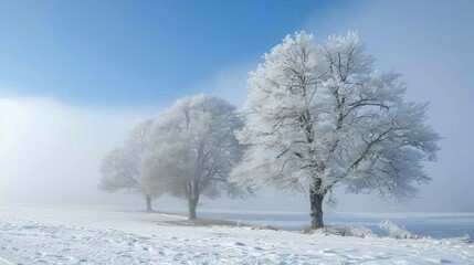 Obraz premium Trees In The Snow Against The Blue Sky And Fog