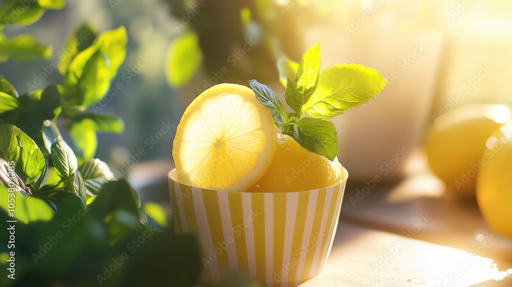 Poster refreshing lemonade in a striped cup illuminated by sunlight with vibrant greenery in the backdrop i