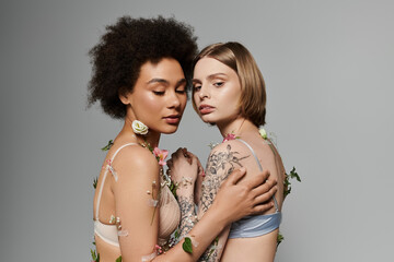 A loving couple embraces, adorned with floral accents, celebrating their bond.