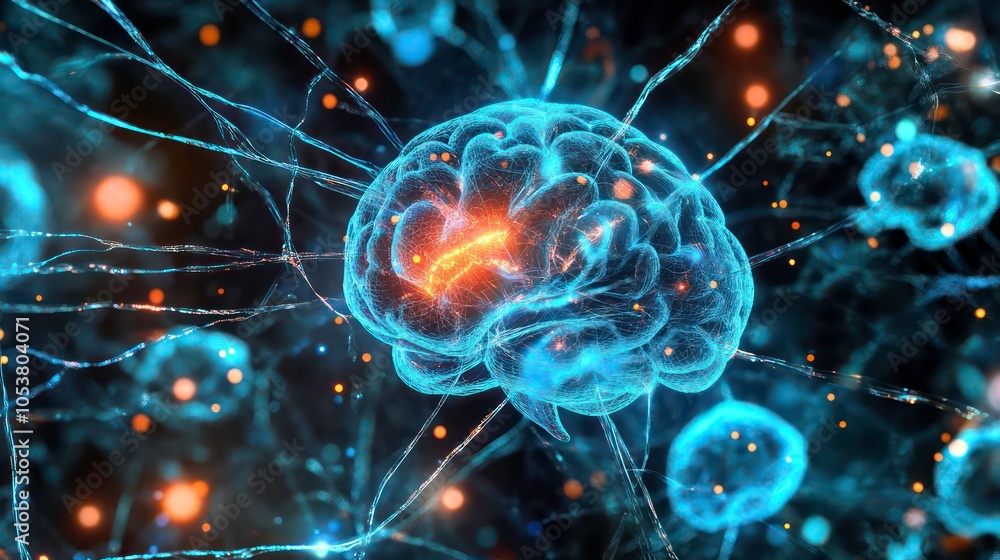 Aufkleber a digital illustration of a brain with neural connections and glowing synapses.