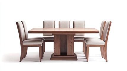 A wooden dining table accompanied by fabric covered chairs is set against a white backdrop