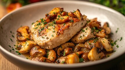 Fototapeta premium Oyster mushrooms paired with chicken showcasing a delicious and hearty dish