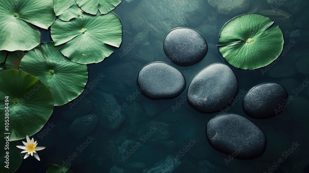 Poster a flat lay aerial view reveals the serene charm of smooth stones resting in calm water complemented 