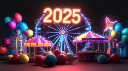 A carnival scene with a neon sign that says "2025" in neon lights