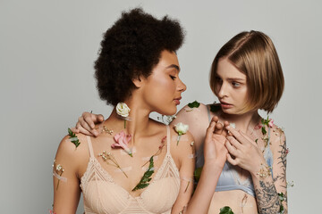 A loving couple shares an intimate moment, surrounded by floral beauty.