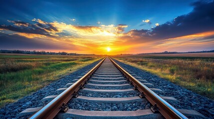 Obraz premium A tranquil scene of railway tracks leading towards a vibrant sunset over a grassy landscape.