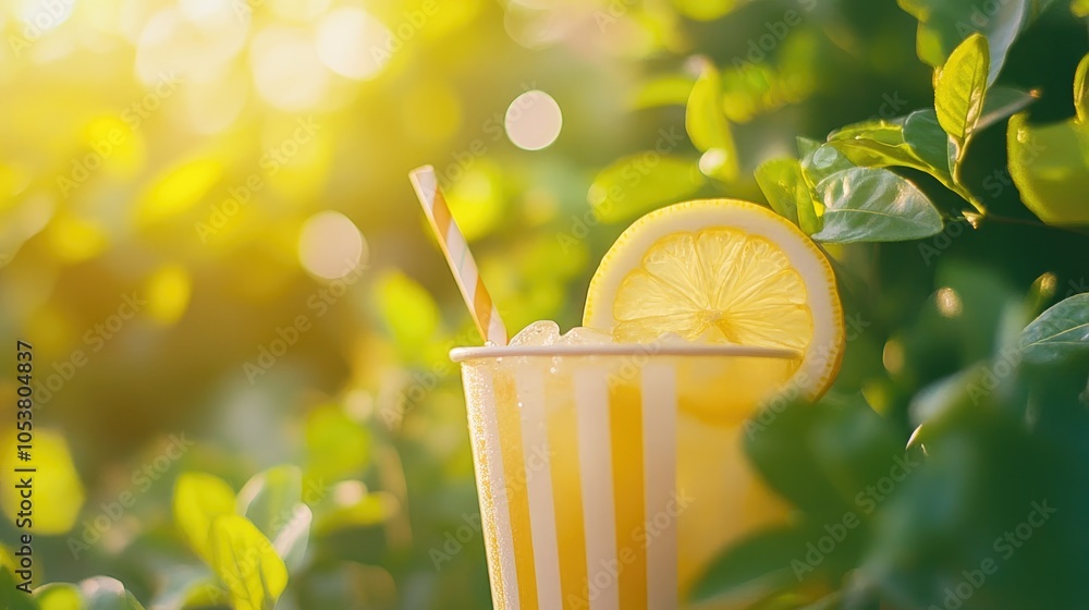 Poster refreshing lemonade in a striped cup illuminated by sunlight with vibrant greenery in the backdrop i