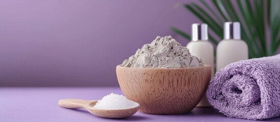 Spa Massage Clay Powder Face Masks Bath Salt Towel Shea Butter On Purple Table Background