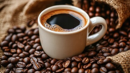 Fototapeta premium Delicious coffee served in a cup alongside fragrant roasted coffee beans