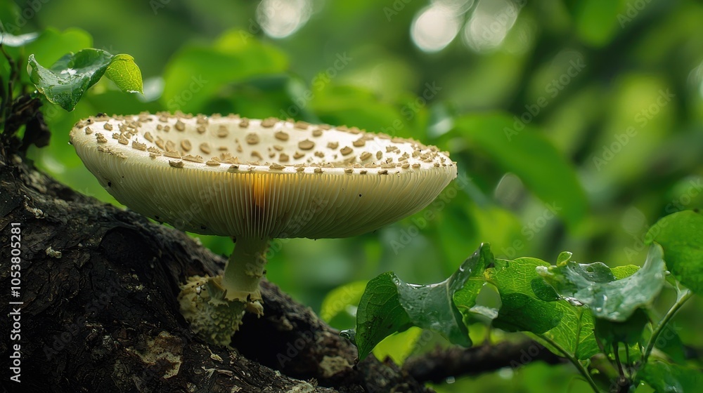 Poster blossom mushroom on the tree mushroom is a fungal growth that typically takes the form of a domed ca
