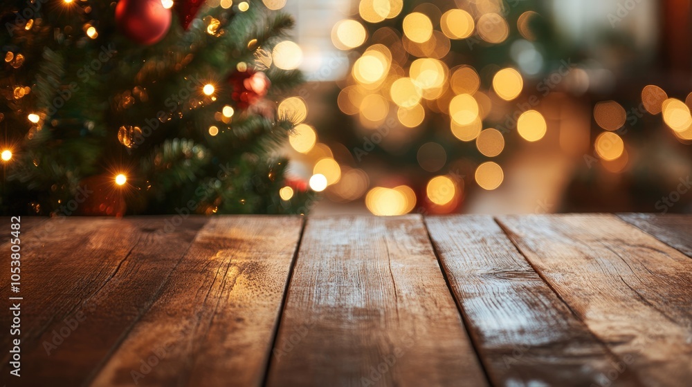 Poster rustic wooden table with a christmas tree and a blurred bokeh effect in the background