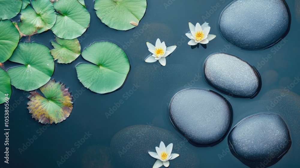Poster a flat lay aerial view reveals the serene charm of smooth stones resting in calm water complemented 
