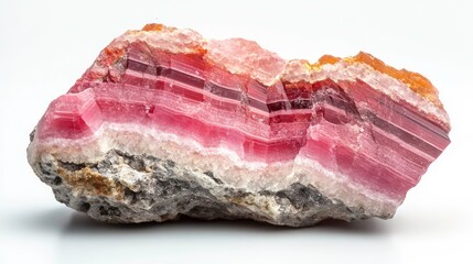 A close-up of a pink and white rhodochrosite mineral specimen with layered crystal formations.