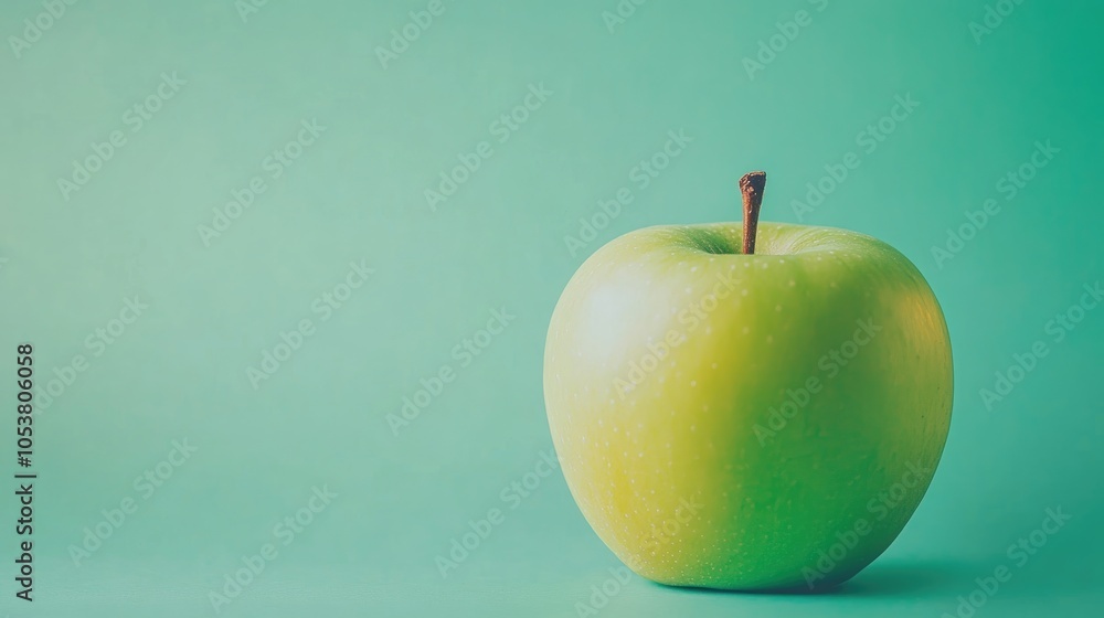 Poster front view of a green apple with a petal set against a green background featuring ample copy space f