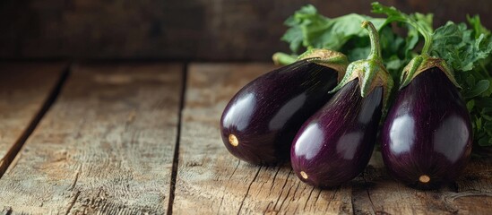 Fresh Eggplants On A Wooden Table Macro Photo